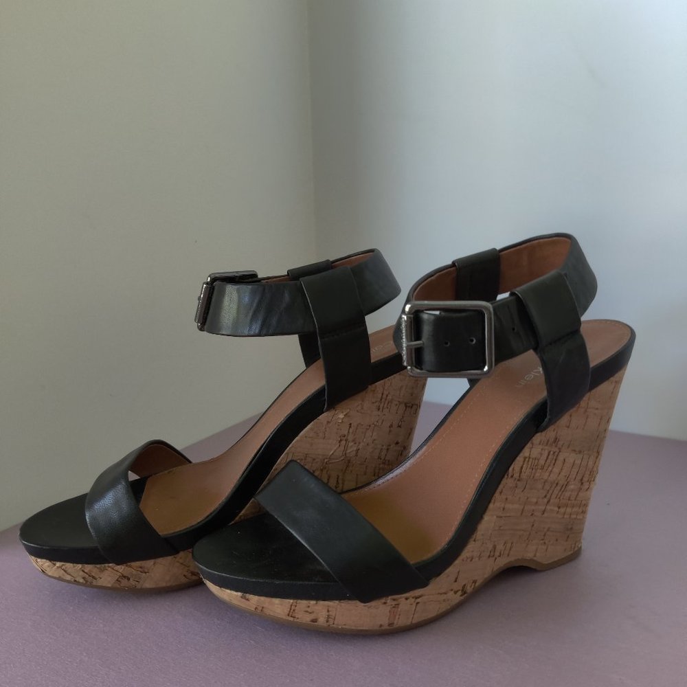 Calvin Klein Leather Platform Wedge Sandals - Black